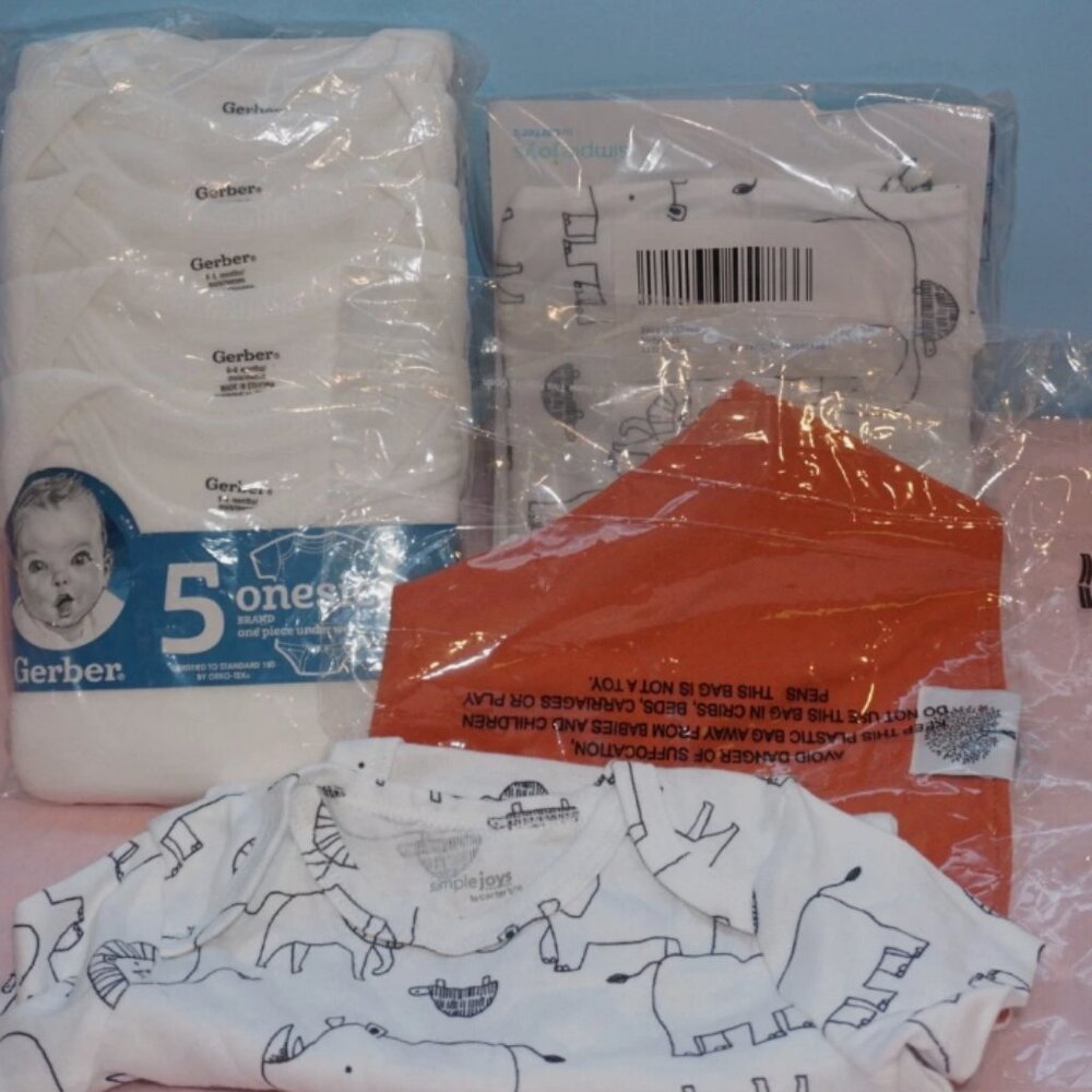 Gender-neutral baby clothes: Gerber and Carter's bodysuits, bib: 3-6 and 6-9 mo.